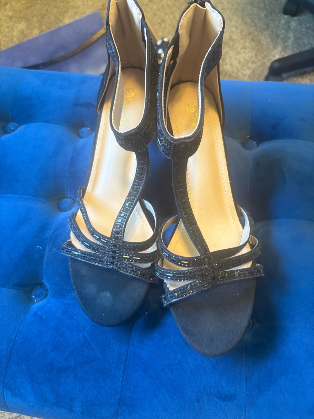 Othr Black T-Strap Rhinestone Heeled Sandals